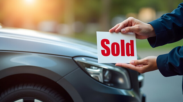 A hand holds a "Sold" sign next to a car, indicating a recent sale, with a soft-focus background and warm lighting.