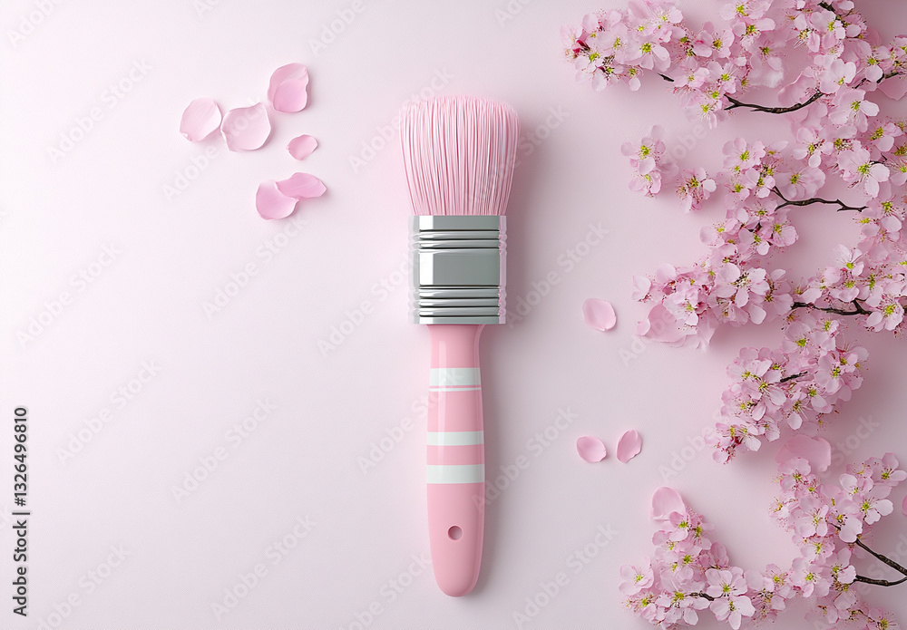 Poster a paintbrush with pink and white stripes, creating an intricate pattern on the surface of its bristl