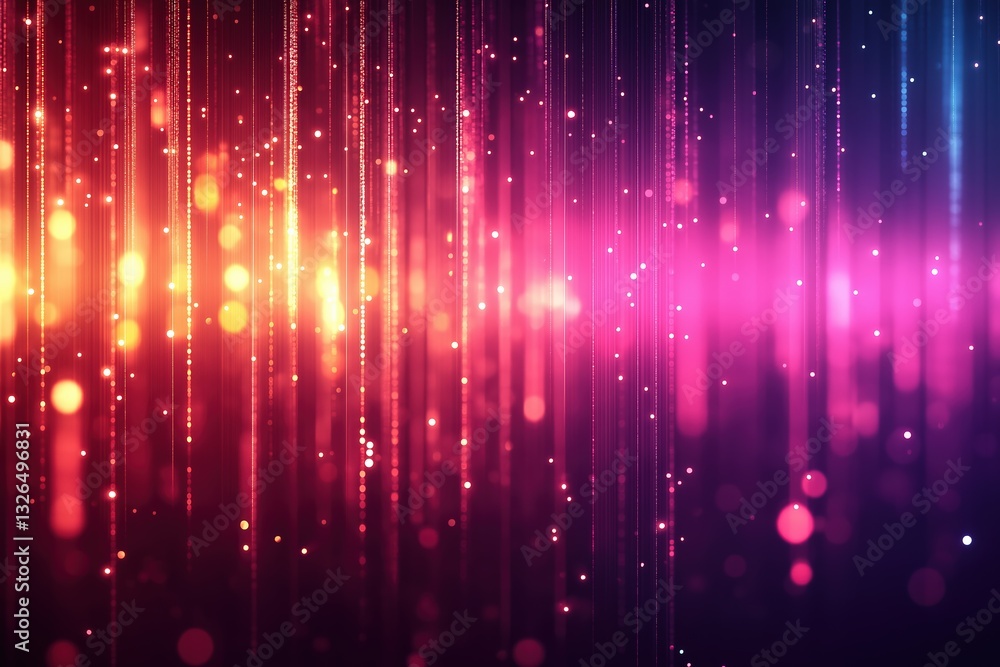 Poster glowing particles falling from top creating colorful vertical lines with bokeh effect