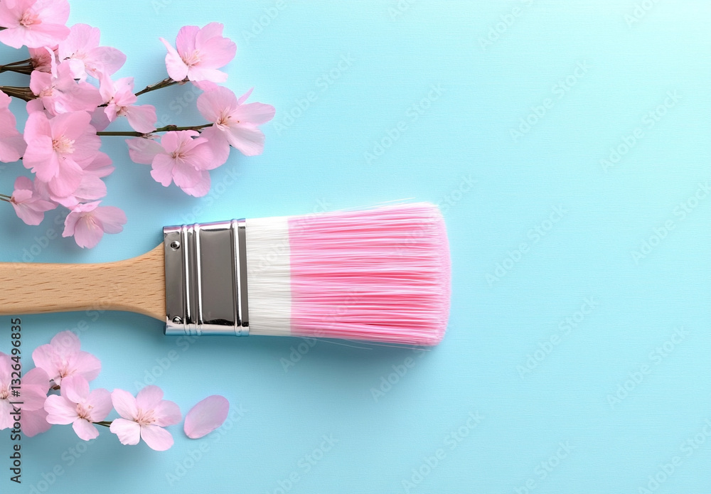 Poster a paintbrush with pink and white stripes, creating an intricate pattern on the surface of its bristl