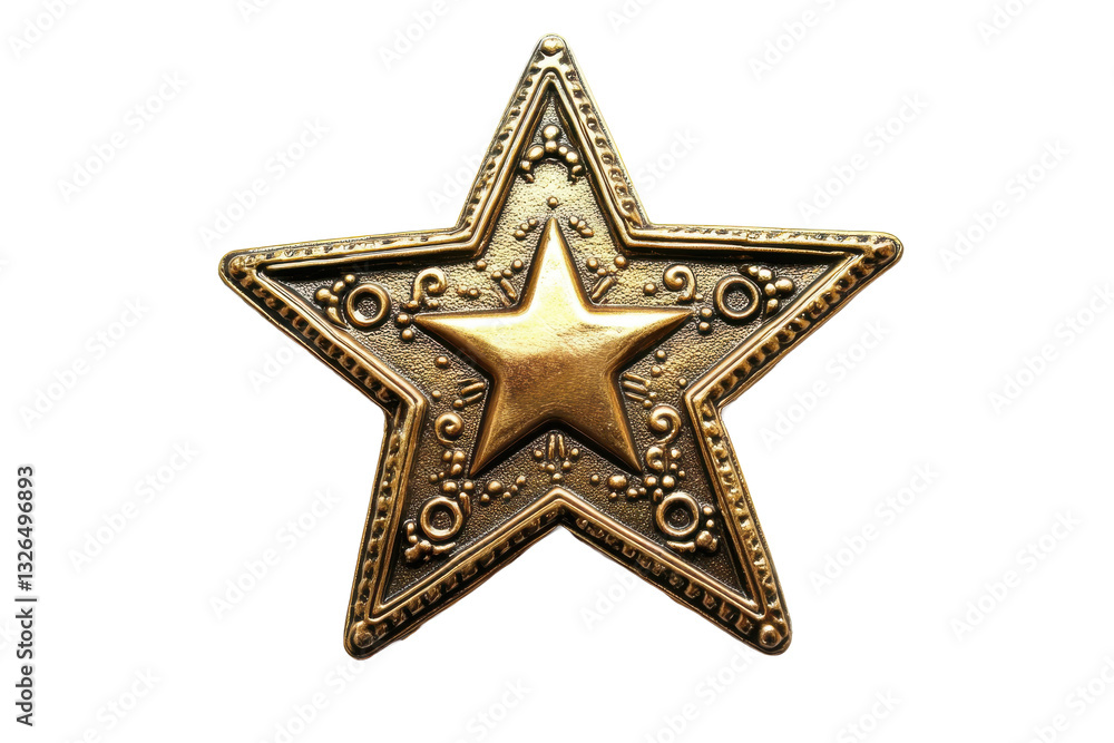 Poster a detailed close up of a decorative golden star with intricate patterns on a white isolated backgrou