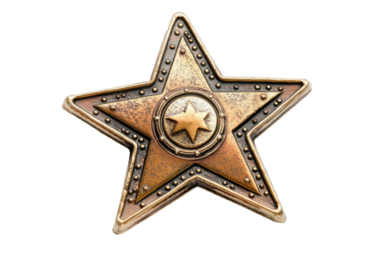 A single steampunk style star with rivets and a smaller star in the center on a white background