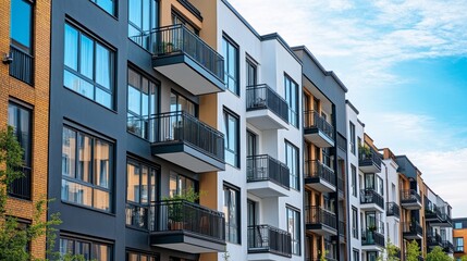 Obraz premium Modern Sustainable Apartment Building with Panoramic Windows and Private Balconies, Featuring Energy-Efficient Design and Urban Tranquility, Ideal for Real Estate and Architecture.