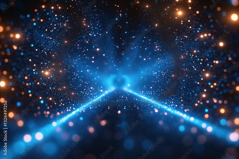 Poster two glowing lines converging into bright light with sparkling particles