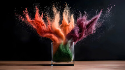Colorful powder erupting from a glass cup in a vivid display