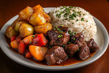 a mouthwatering dish of braised beef with green and red peppers, served alongside perfectly cooked rice on the side.
