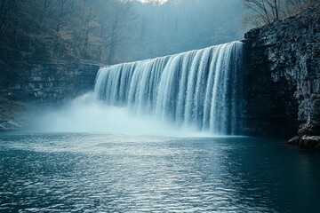 Fototapeta premium Waterfall cascading over rocky ledges into tranquil and still water