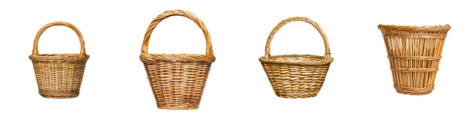 Obraz premium A series of woven baskets showcasing different shapes and sizes, emphasizing their craftsmanship and design.