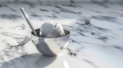 A high-resolution image of a silver ice cream scoop resting inside a white ceramic bowl 8K