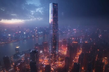Obraz premium A towering modern skyscraper dominates an urban cityscape at dusk