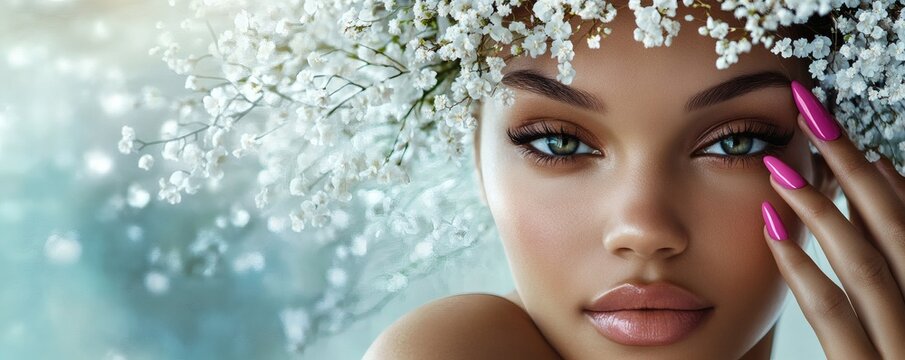 A beautiful woman with flowers and stunning makeup gracefully poses