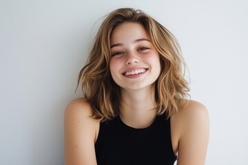 Fototapeta premium A woman with short brown hair is smiling and looking at the camera