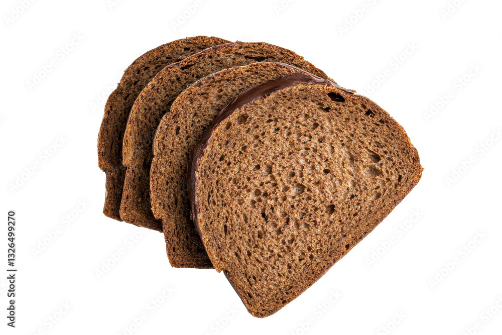 Poster a close up shot of several slices of dark rye bread arranged on a white background in a studio setti