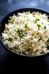 Delicious Herb Rice with Peas in Bowl Closeup