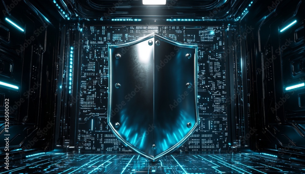 Poster futuristic metallic shield in a cyber themed environment with neon lighting and digital patterns