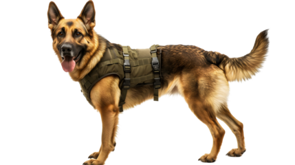 A highly trained German Shepherd police dog wearing a tactical harness, alert and ready for duty, used in K9 units for security and search operations. 