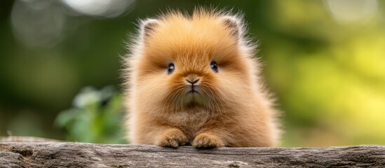 Fototapeta premium Adorable fluffy orange bunny rabbit sitting on wood.