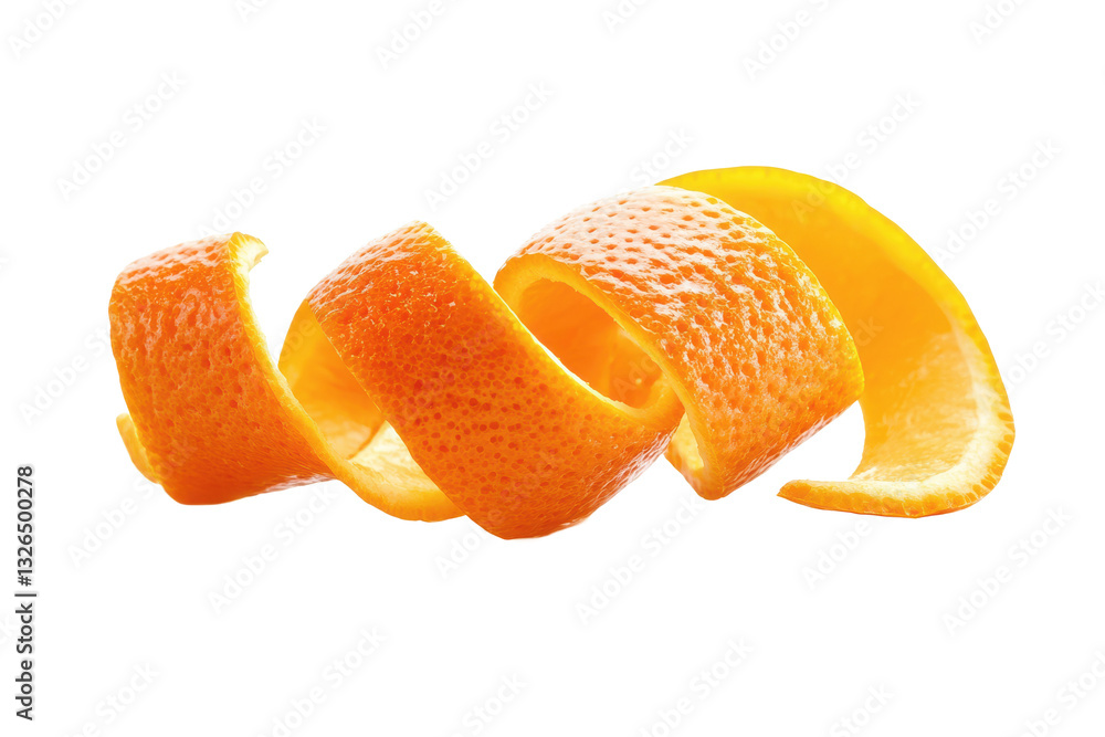 Aufkleber close up of a vibrant orange peel spiraling on a white background creating a simple and clean image