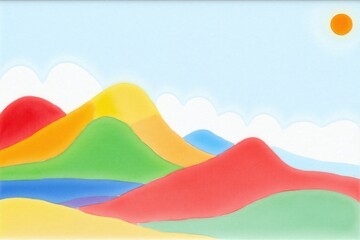 painting of a mountain range with a sun in the sky