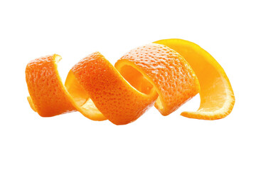 Close up of a vibrant orange peel spiraling on a white background creating a simple and clean image