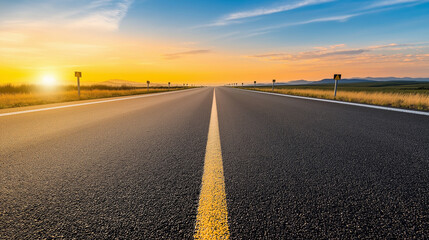 A long, open highway stretching into the horizon, lined with milestone markers glowing softly, symbolizing steady progress toward operational goals under a golden sunrise.