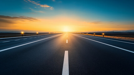 A long, open highway stretching into the horizon, lined with milestone markers glowing softly, symbolizing steady progress toward operational goals under a golden sunrise.