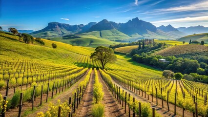 Fototapeta premium Rolling hills of Stellenbosch vineyard in Cape Town on a sunny day with lush green vines and yellow wildflowers