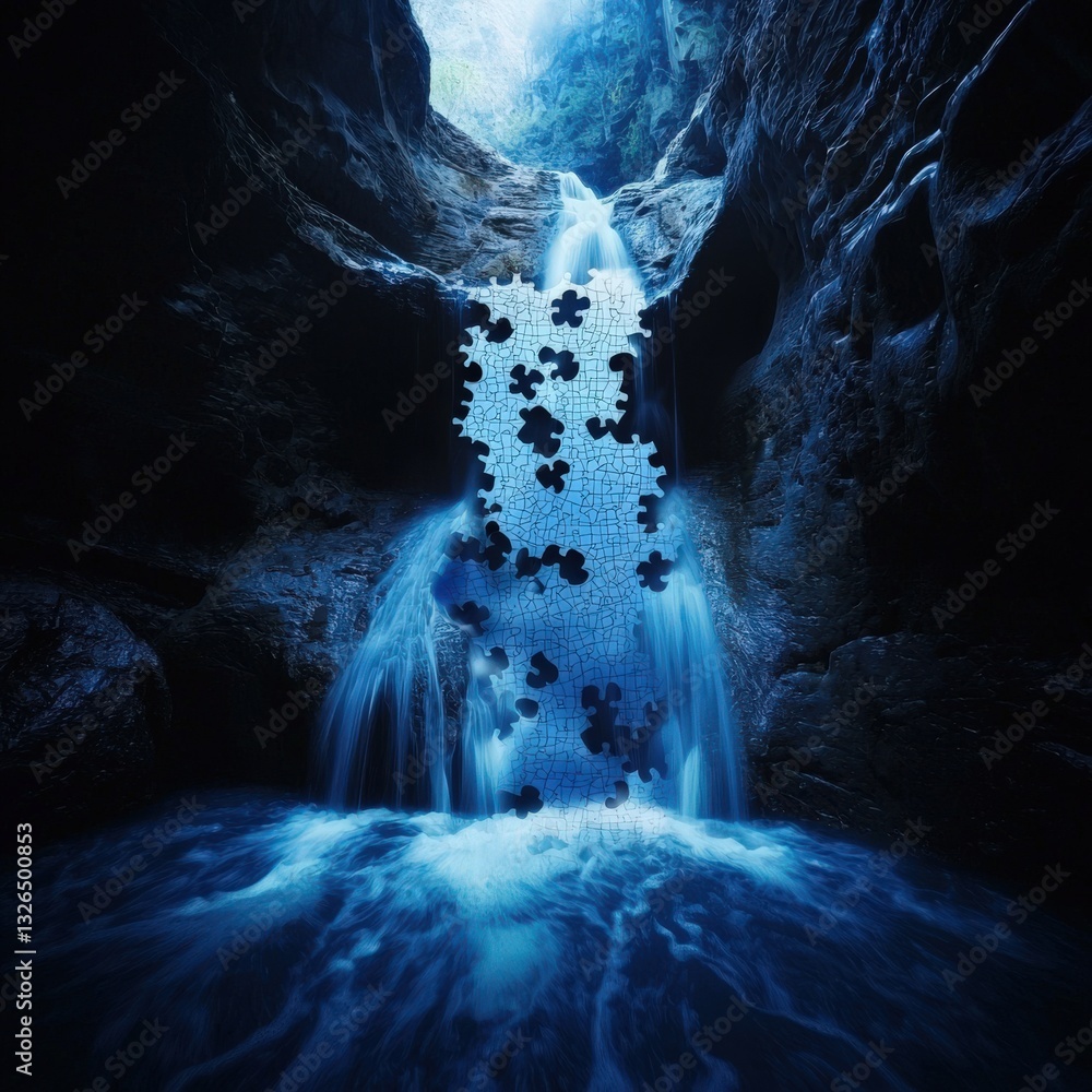 Poster a waterfall where the cascading water forms puzzle-like droplets