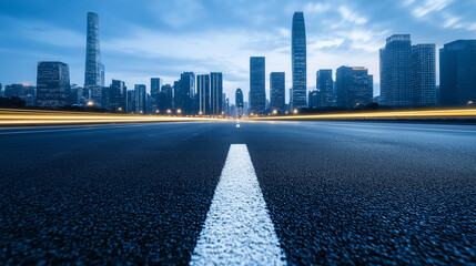 A cityscape road leading toward a skyline of towering skyscrapers, lined with modern milestone markers indicating growth, strategy, and successful business milestones.