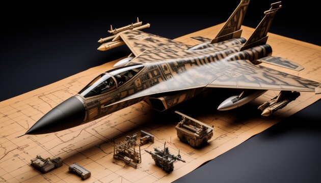 Miniature toy fighter jet on technical blueprint  a fusion of imagination and aerospace engineering