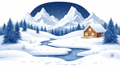 Fototapeta premium Snowy mountain landscape with cozy cabin