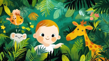 Naklejka premium A happy child surrounded by jungle animals and lush green plants