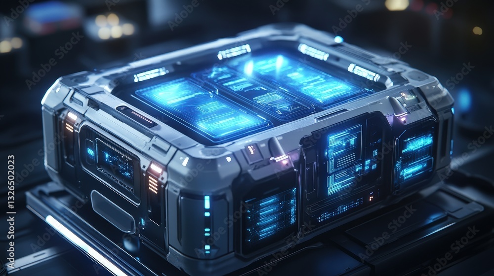 Poster a futuristic, illuminated storage device with a sleek design, showcasing advanced technology in a hi