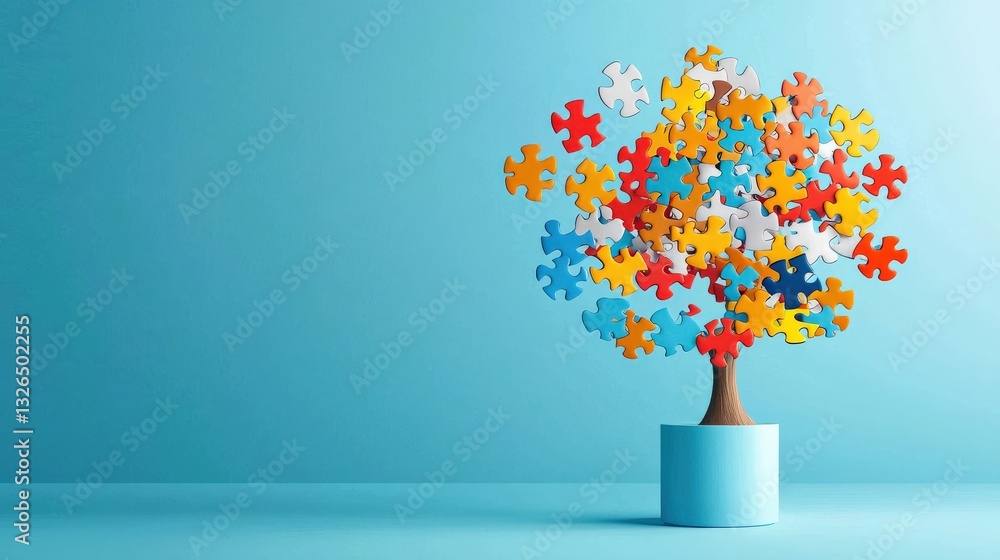 Poster a whimsical illustration of puzzle pieces floating in the shape of a tree
