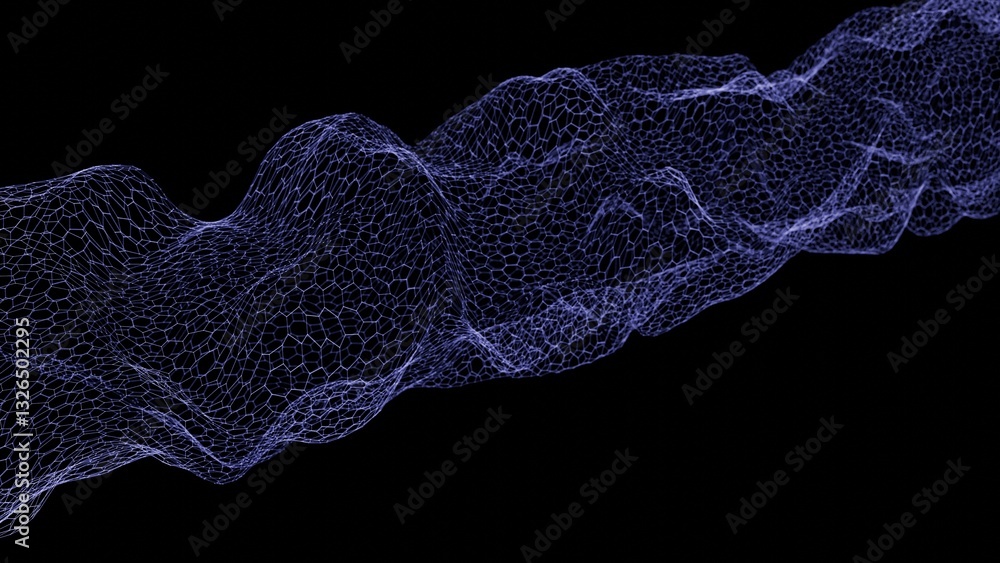 Aufkleber Flowing hexagonal mesh with subtle colored nodes forming a wave-like structure on a black background, creating a futuristic and minimalistic design.