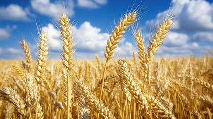 Fototapeta premium Lush golden wheat heads enjoy the sun under a vibrant blue sky with fluffy white clouds, symbolizing agriculture, growth, and the beauty and productivity of nature's gifts.