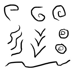 Abstract black line drawings featuring spirals, waves, and arrow shapes on a white background.