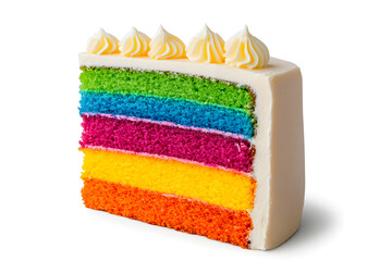 Delicious slice of rainbow layer cake isolated on white background