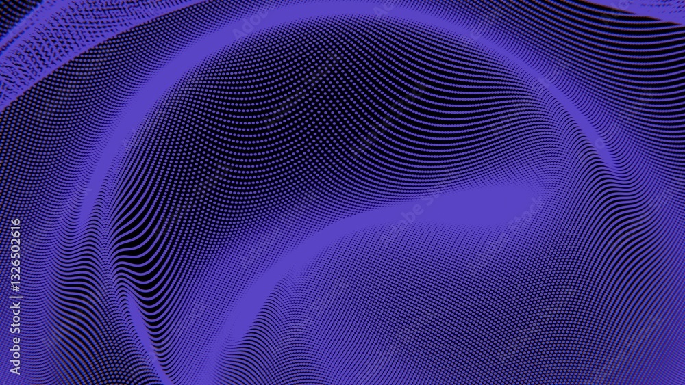 Poster Wavy dot pattern in deep blue tones on a dark background, creating an abstract, futuristic design with a sense of depth, movement, and optical illusion.......