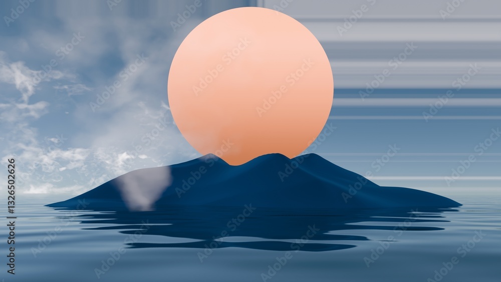 Aufkleber Minimal abstract scene with a large orange sun and rolling blue waves against a purple sky, creating a dreamy, surreal landscape with soft curves and serene tones........