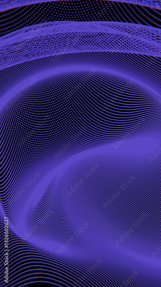 Poster Wavy dot pattern in deep blue tones on a dark background, creating an abstract, futuristic design with a sense of depth, movement, and optical illusion.......
