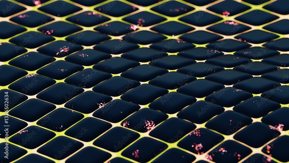 Poster Close-up view of black rounded squares arranged in a grid with subtle pink specks on a green background, creating a modern, abstract design with dynamic contrast........