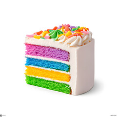 Delicious slice of rainbow layer cake isolated on white background