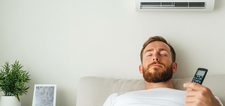 Relaxed man enjoying cool air at home with remote control, indoor comfort, modern living, and tranquility, featuring greenery and neutral tones