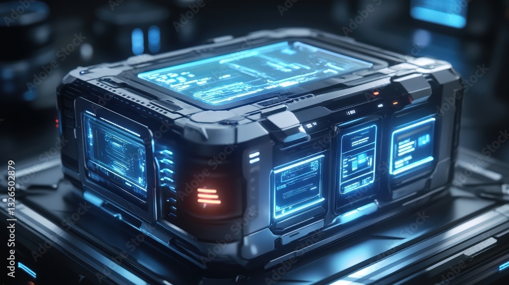 Poster a futuristic, illuminated device with a sleek design, featuring a digital interface and technologica
