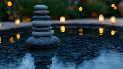 Obraz premium Peaceful Zen Garden with Stacked Stones and Candlelight Glow