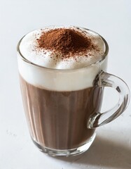Obraz premium Foamy Cappuccino with Whipped Milk and Cocoa Powder in a Double Glass Mug Isolated on White Background