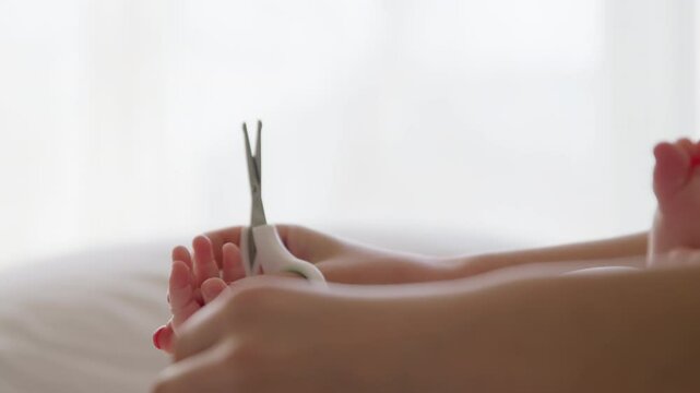 Close-up image in the morning light of an infant's bare hands. The mother's hands are doing the baby's routine care and with special baby scissors she is cutting the fingernails to avoid scratches