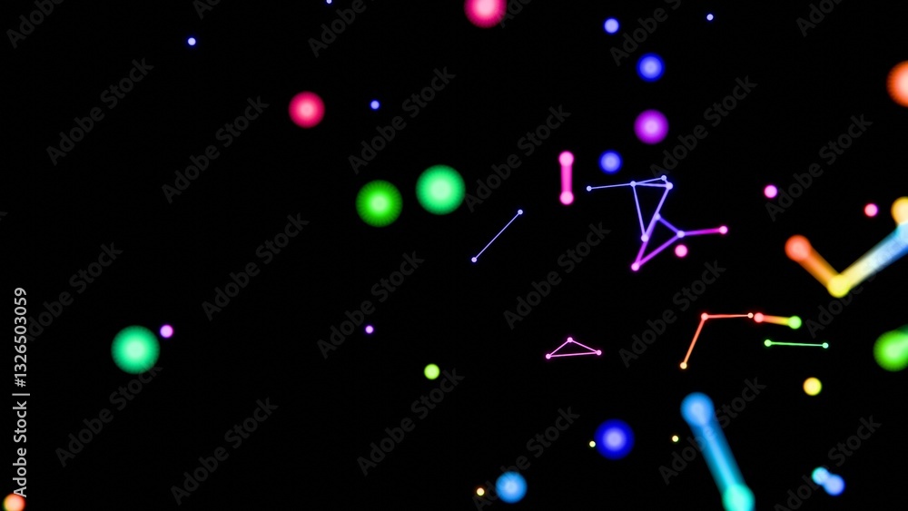 Fototapete Neon-colored dots, lines, and shapes floating across a black background, forming a vibrant, futuristic scene with hints of cosmic geometry and minimalistic design........