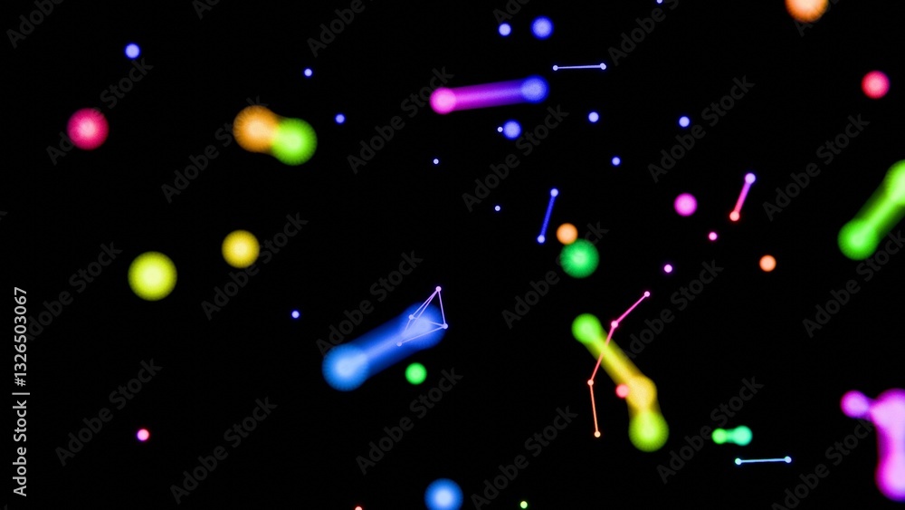 Aufkleber neon-colored dots, lines, and shapes floating across a black background, forming a vibrant, futurist